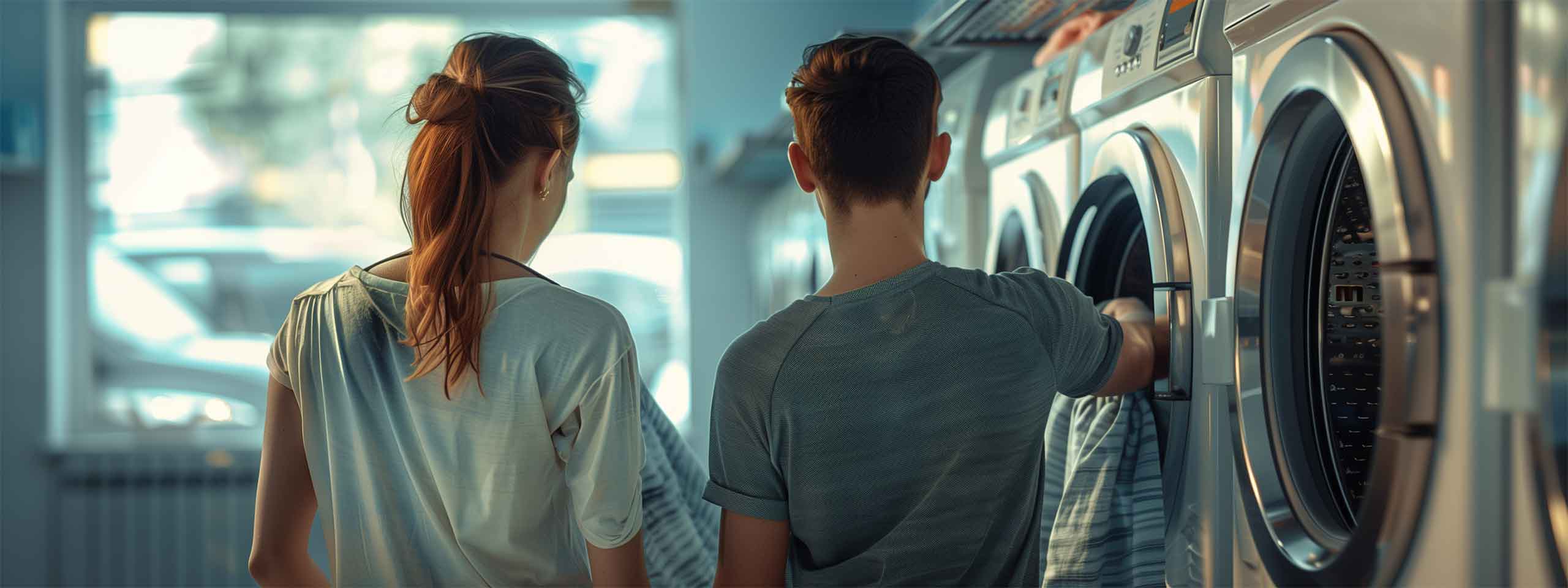 pareja joven en lavanderia ecologica Laveco de Montijo (Badajoz)