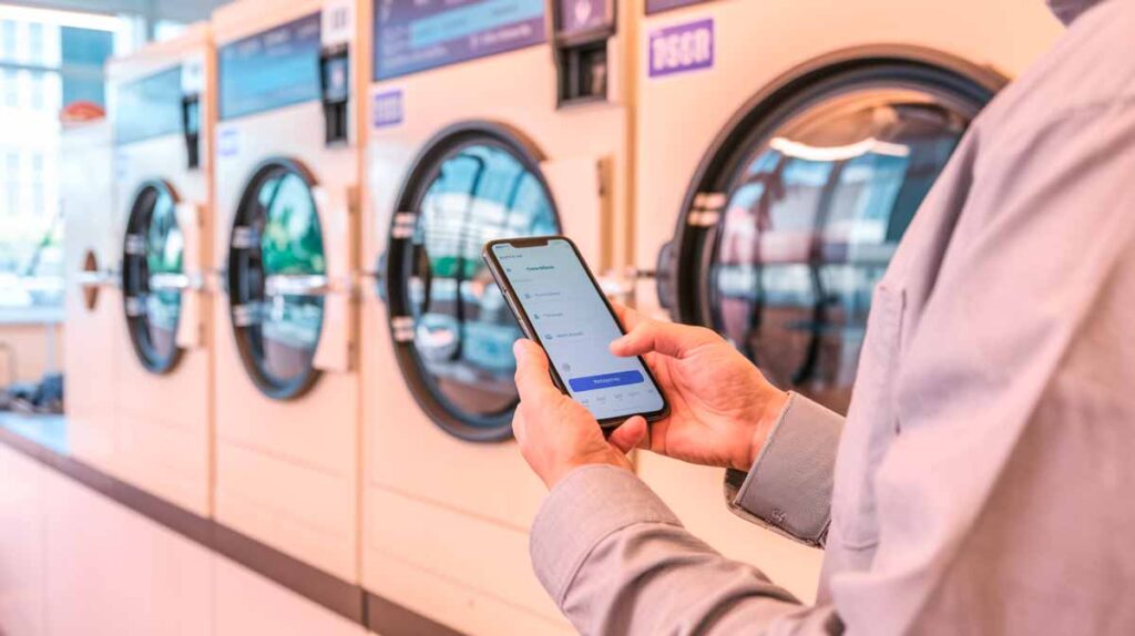 Persona usando una Lavandería Automática moderna, optimizando tiempo y energía con una aplicació